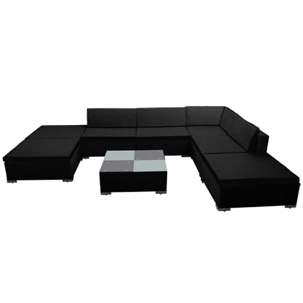Divano angolare da esterno nero con moduli a chaise e tavolino quadrato