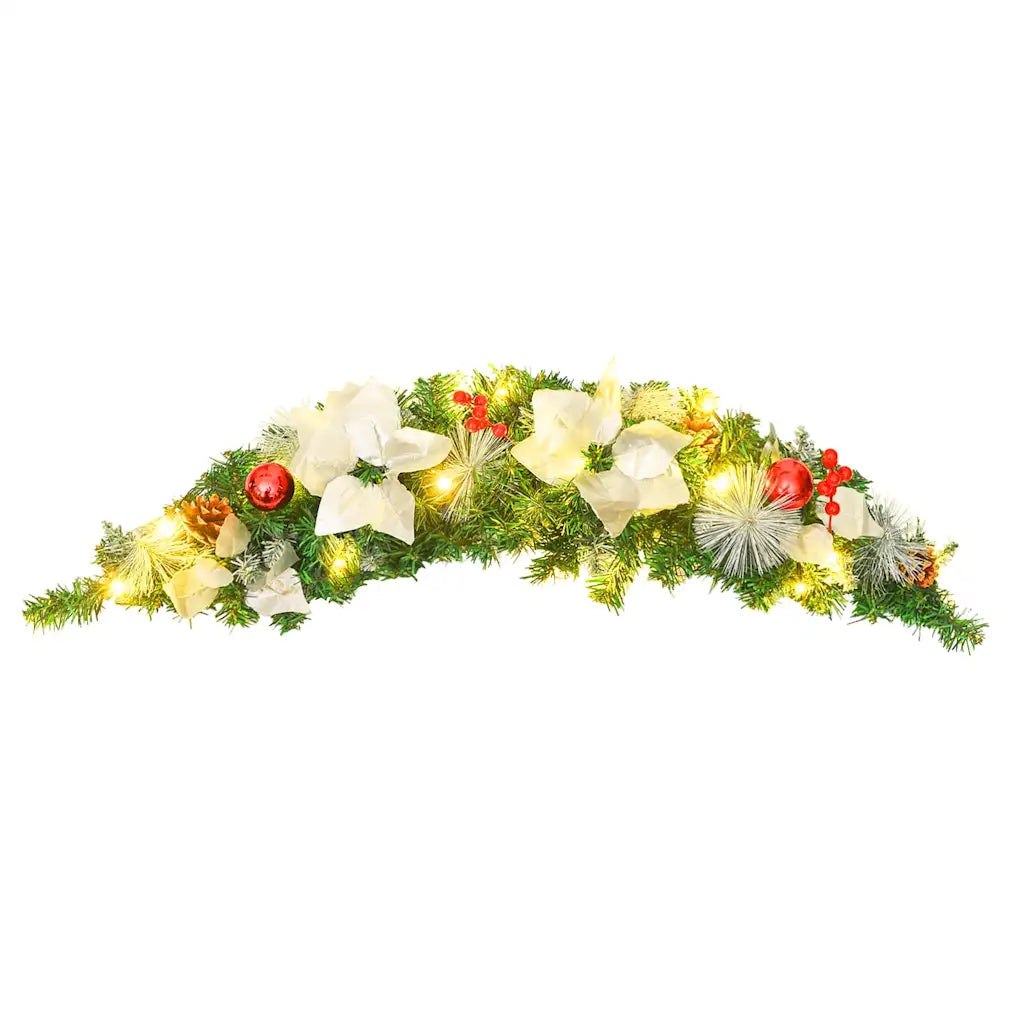 Ghirlanda natalizia ad arco con lucine LED, fiori bianchi e decorazioni rosse