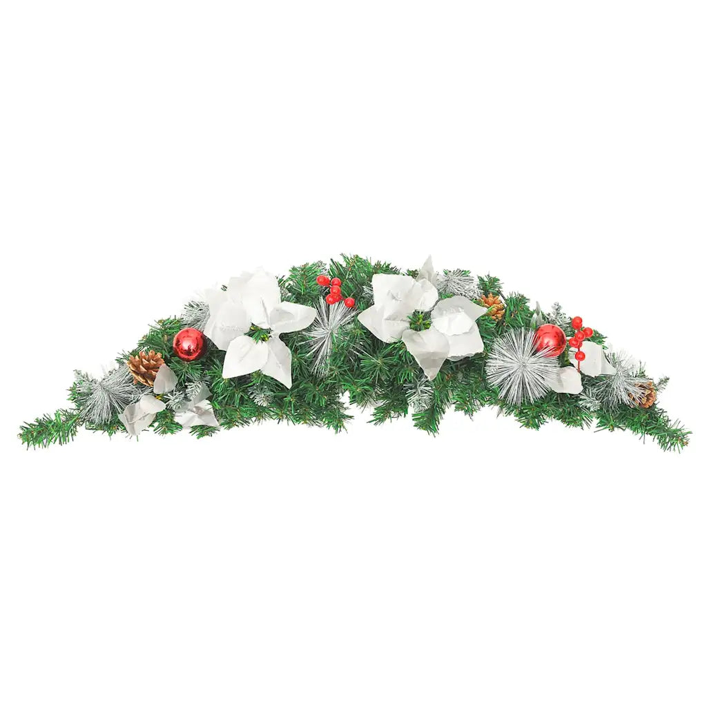 Ghirlanda natalizia ad arco con lucine LED, fiori bianchi, pigne e ornamenti rossi