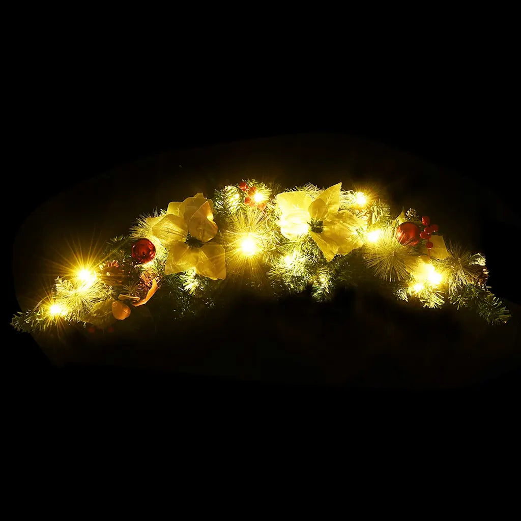 Ghirlanda natalizia ad arco con lucine LED, rami verdi, fiori e palline rosse