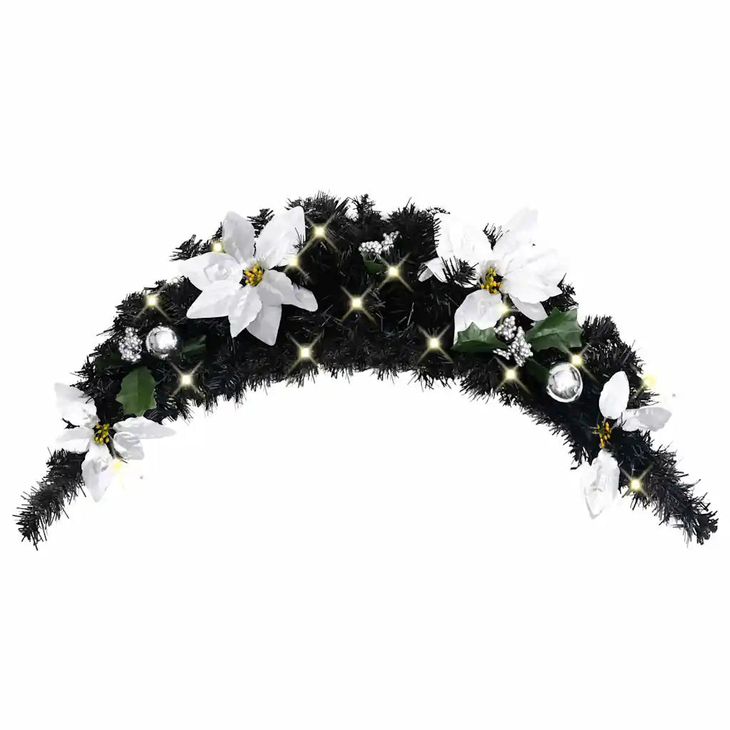 Ghirlanda ad arco natalizia in PVC nera con lucine LED bianche e fiori bianchi