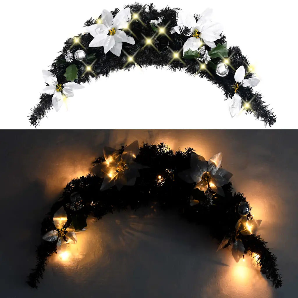 Ghirlanda ad arco natalizia in PVC nera con luci LED bianche e fiocchi bianchi