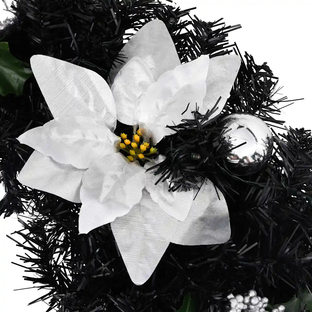 Fiore grande bianco su ghirlanda nera con luci LED e pallina argentata
