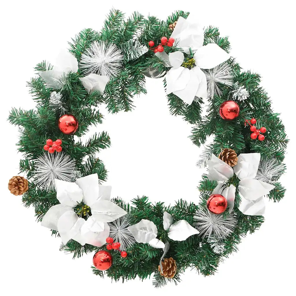 Ghirlanda natalizia verde in PVC con luci LED gialle, nastri e sfere rosse