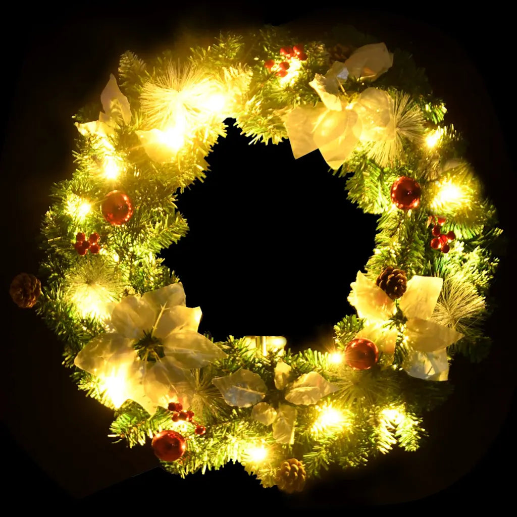Ghirlanda natalizia verde in PVC con luci LED gialle, fiocchi bianchi e decorazioni rosse