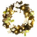 Ghirlanda di Natale nera con luci LED, fiocchi bianchi, foglie verdi e palline argento, 60 cm