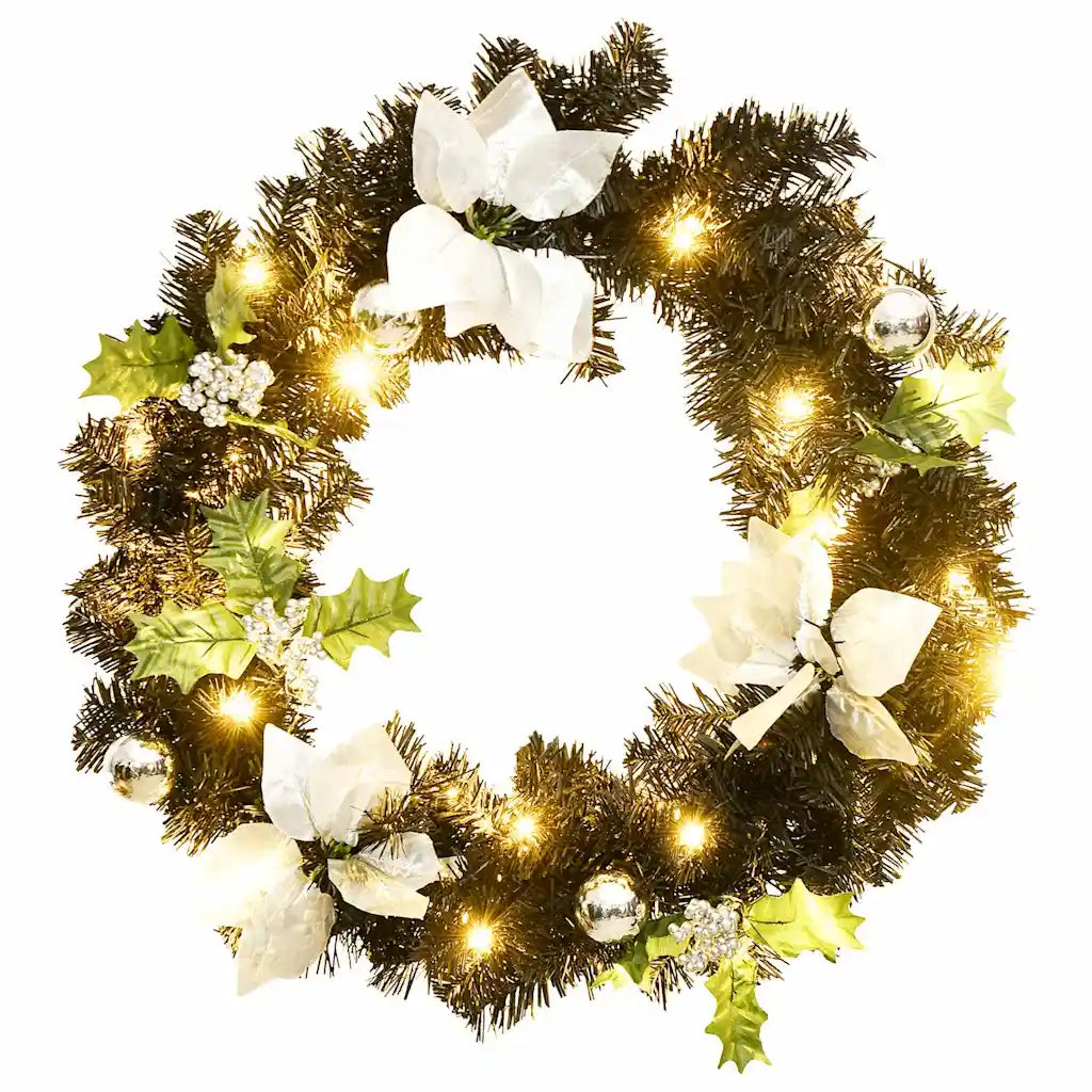 Ghirlanda di Natale nera con luci LED, fiocchi bianchi, foglie verdi e palline argento, 60 cm