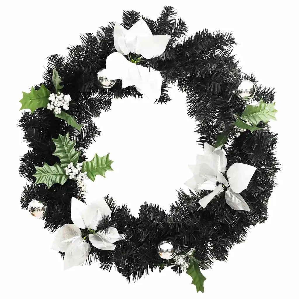 Ghirlanda natalizia nera con luci LED, fiocchi bianchi, foglie verdi, palline argento
