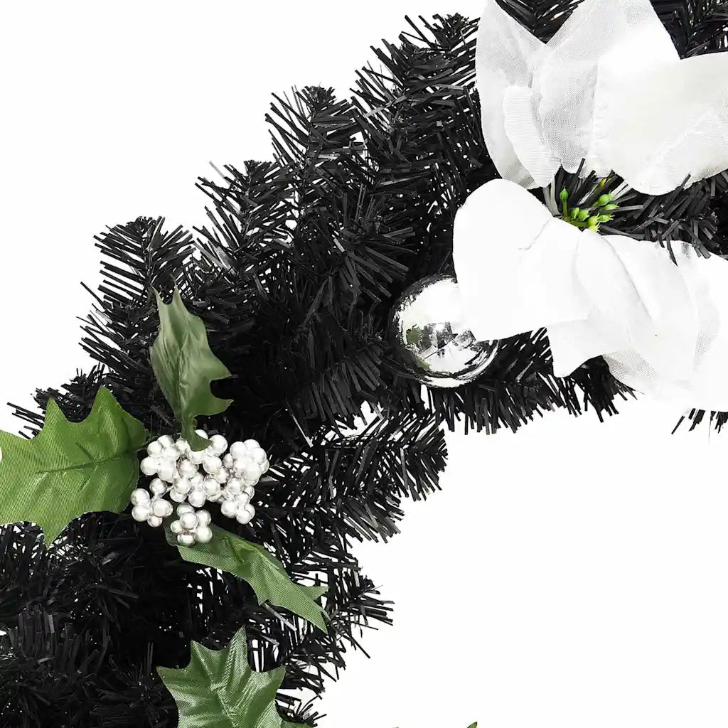 Ghirlanda di Natale nera con rami in PVC, fiocco bianco, foglie verdi e pallina argento