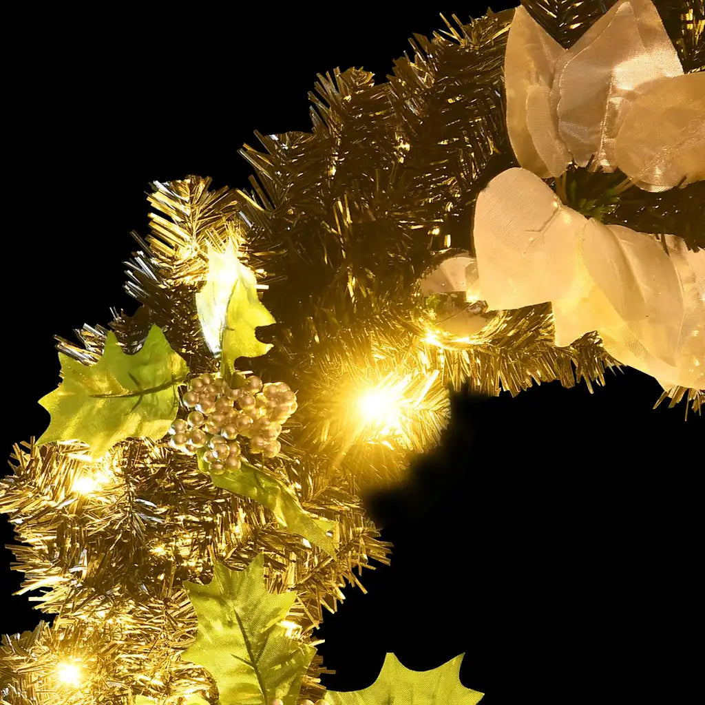 Ghirlanda di Natale nera con luci LED accese, decorazioni con foglie verdi e fiocco