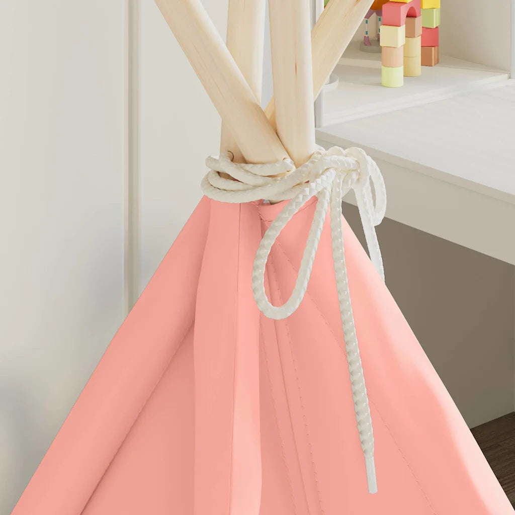 Tenda tipi per bambini rosa con corde decorative e fissaggi superiori in legno