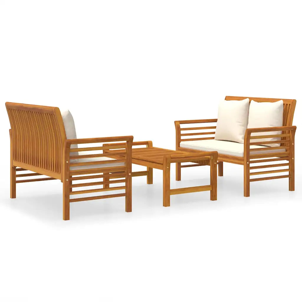 Set da giardino in legno con due poltrone e panca centrale, cuscini bianchi
