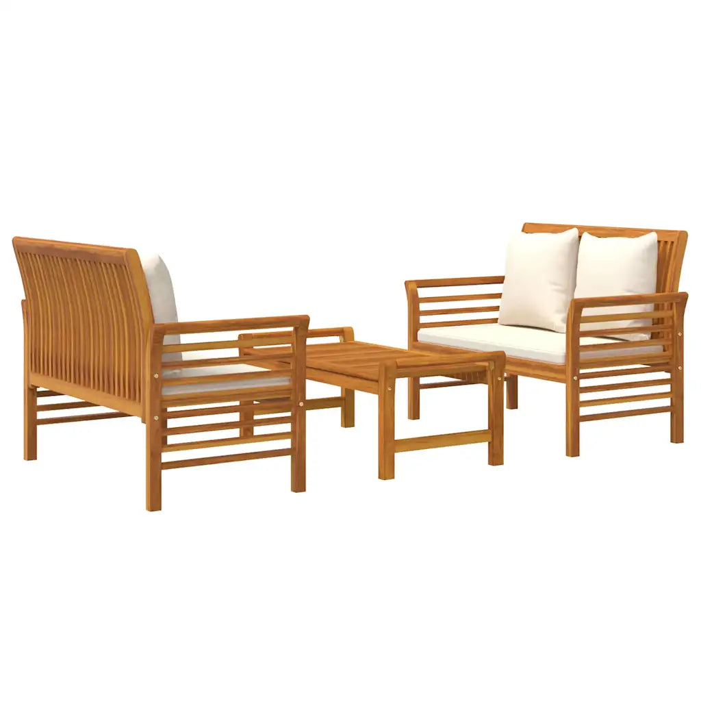 Set da giardino in legno con due poltrone e panca centrale, vista frontale