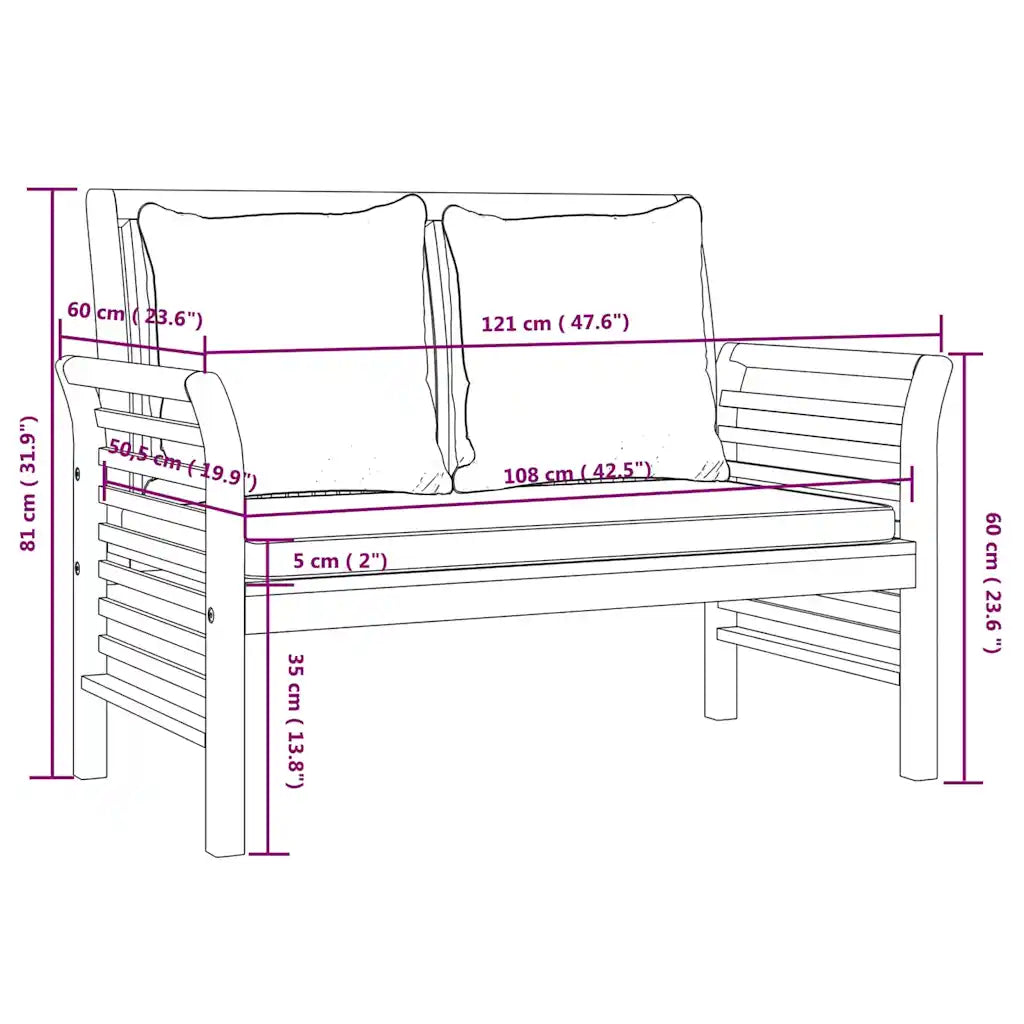 Panca da giardino in legno, schema misure con seduta e cuscino