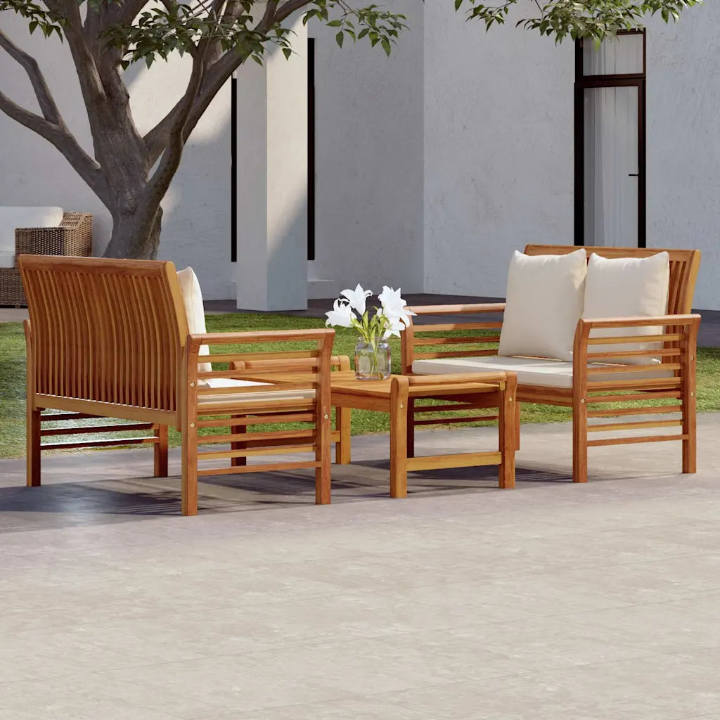 Set mobili da giardino in legno con cuscini bianchi: 2 poltrone e panca