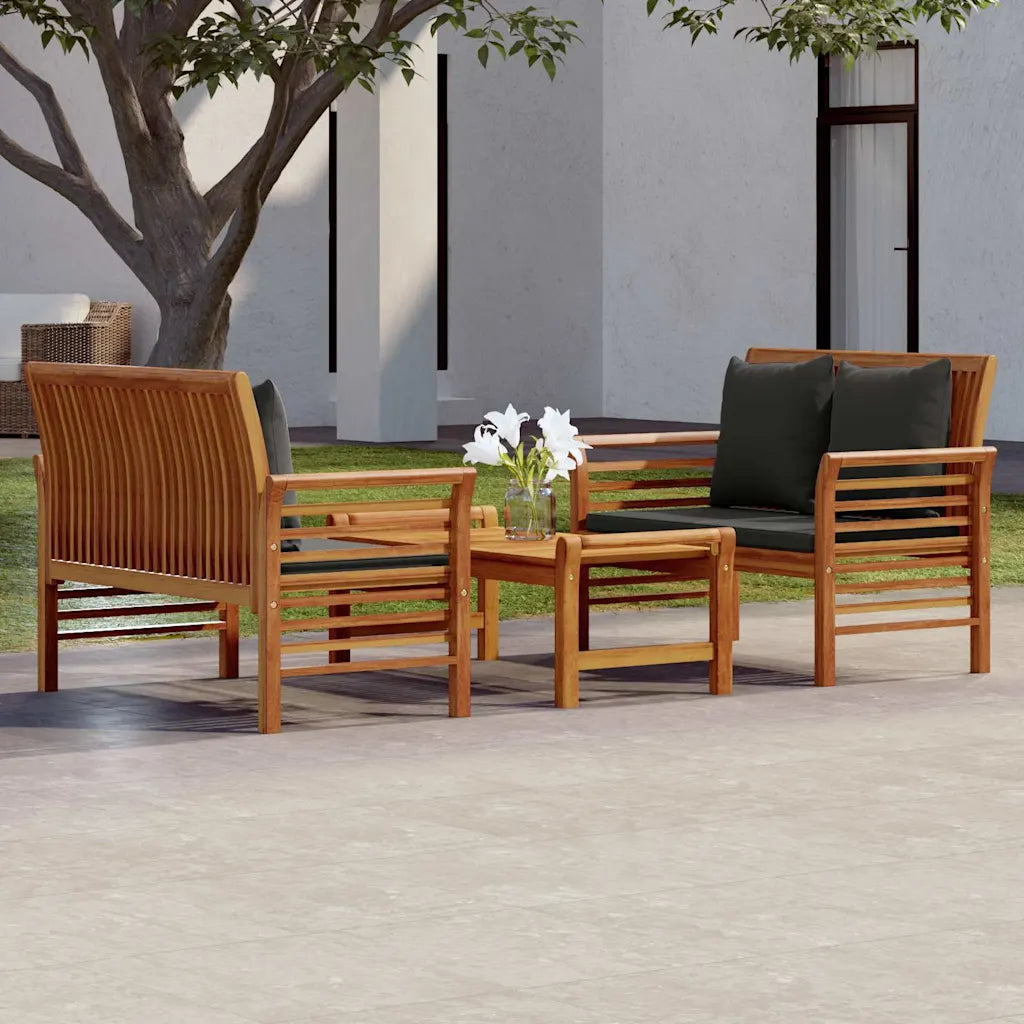 Set mobili da giardino in legno con due poltrone e tavolino, cuscini grigi