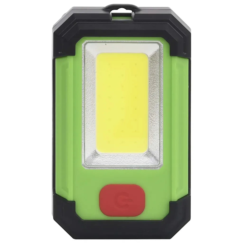 Faretto solare LED portatile verde con modulo LED rettangolare e pulsante rosso.