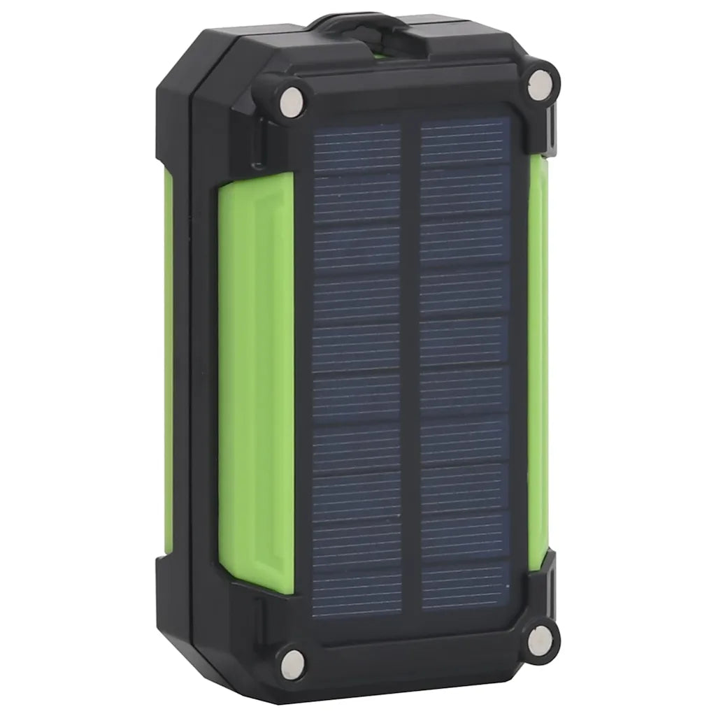 Faretto solare LED portatile con pannello solare blu scuro e corpo verde/nero.