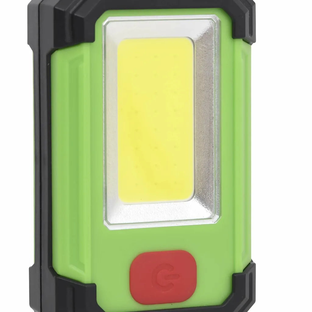 Faretto solare LED portatile, dettaglio del modulo LED e pulsante rosso.