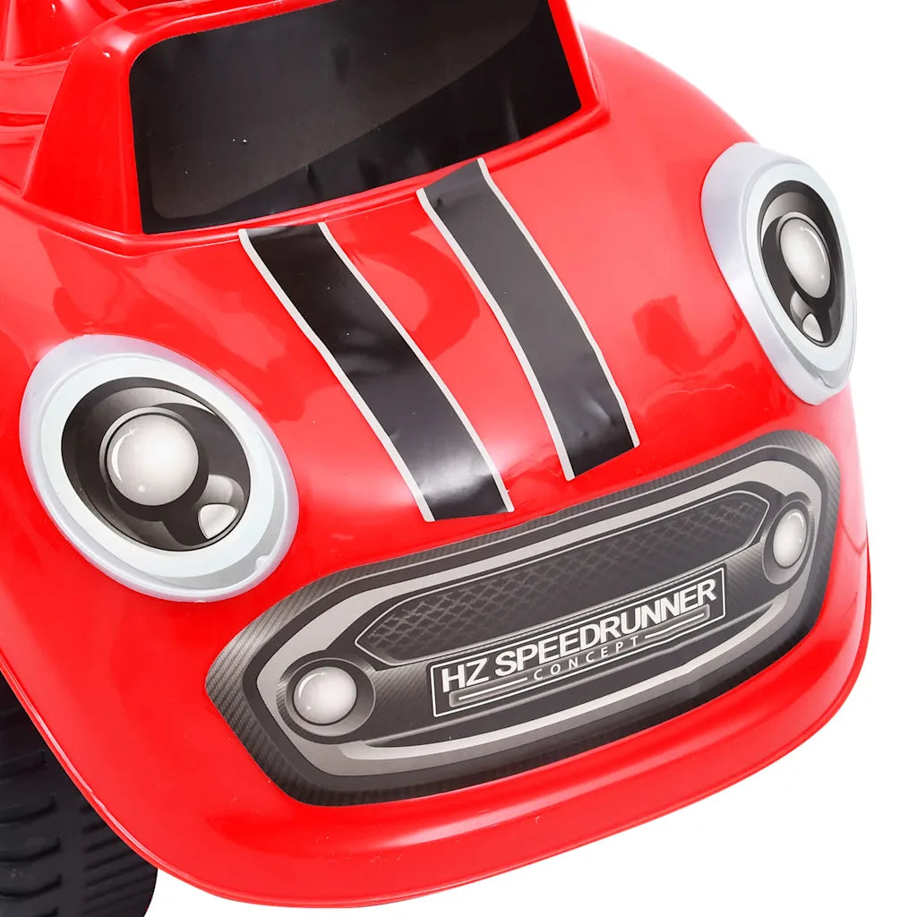 Vista frontale auto cavalcabile rossa con strisce nere e logo HZ Speedrunner