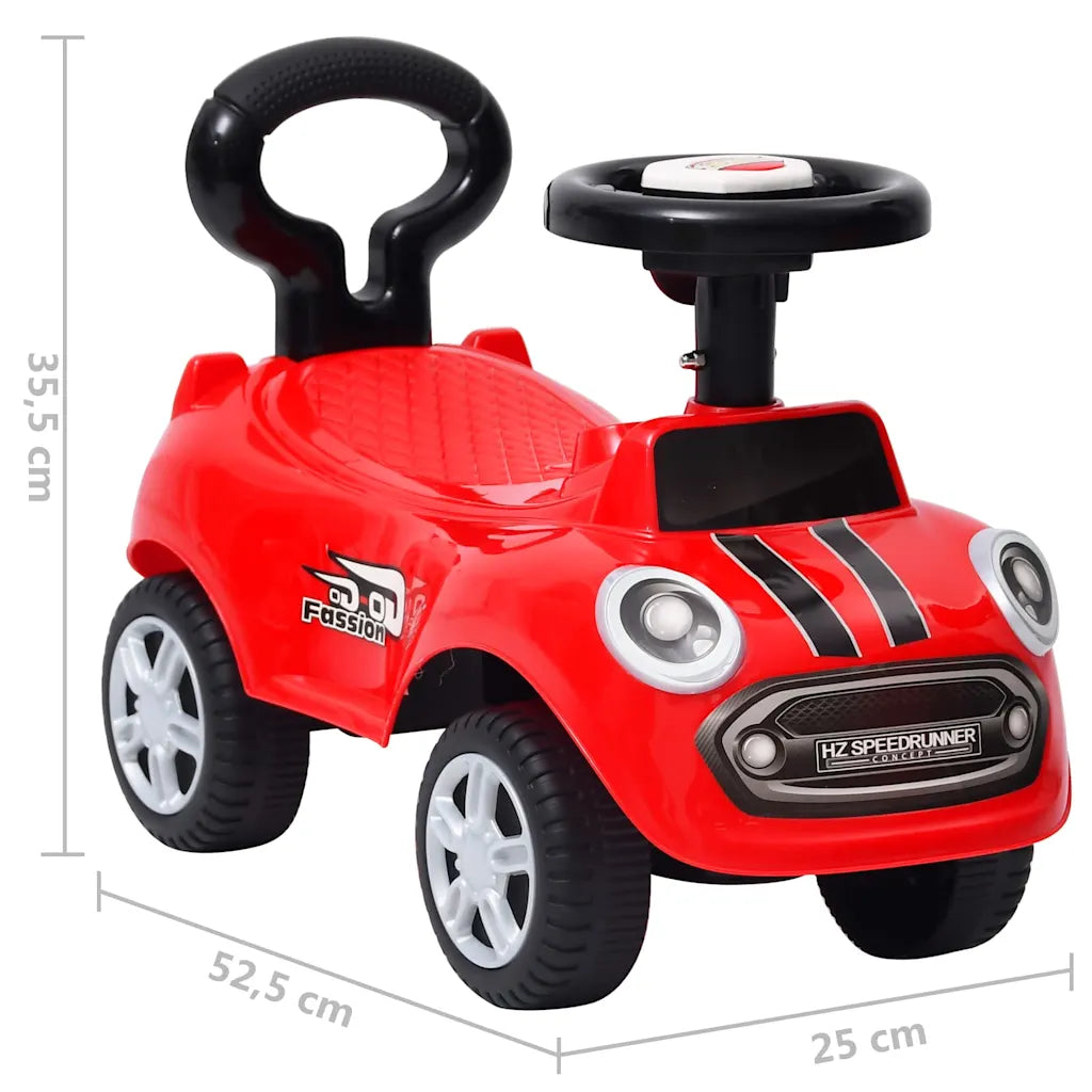 Auto cavalcabile rossa con volante nero, ruote bianche e dimensioni indicate