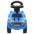 Auto cavalcabile blu per bambini con volante e luci anteriori circolari, ruote nere.