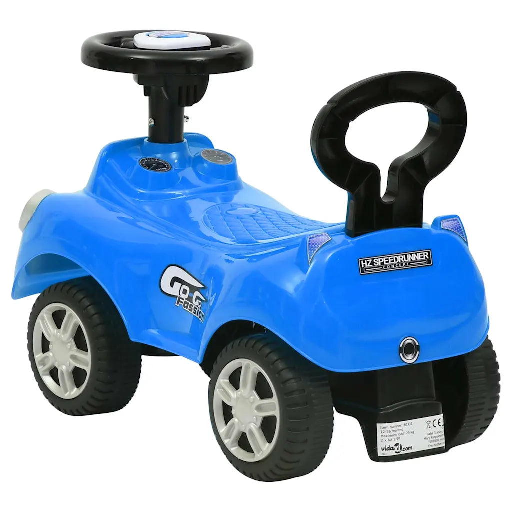 Auto cavalcabile blu per bambini con volante, ruote bianche e logo HZ SPEEDRUNNER.