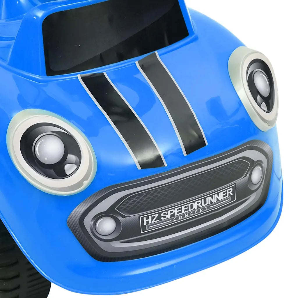 Frontale auto cavalcabile blu con strisce nere e logo HZ SPEEDRUNNER.