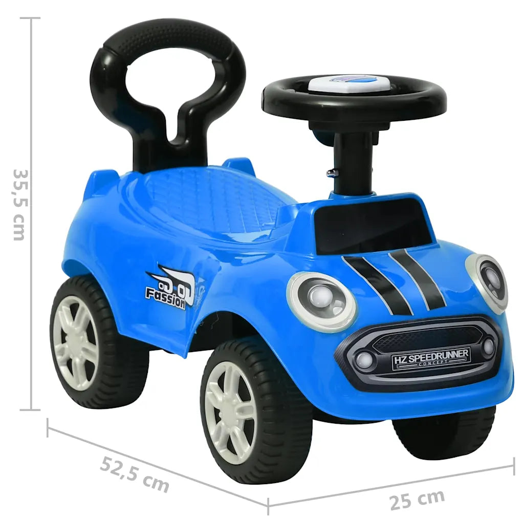 Auto cavalcabile blu per bambini con dimensioni 52,5×25×35,5 cm.
