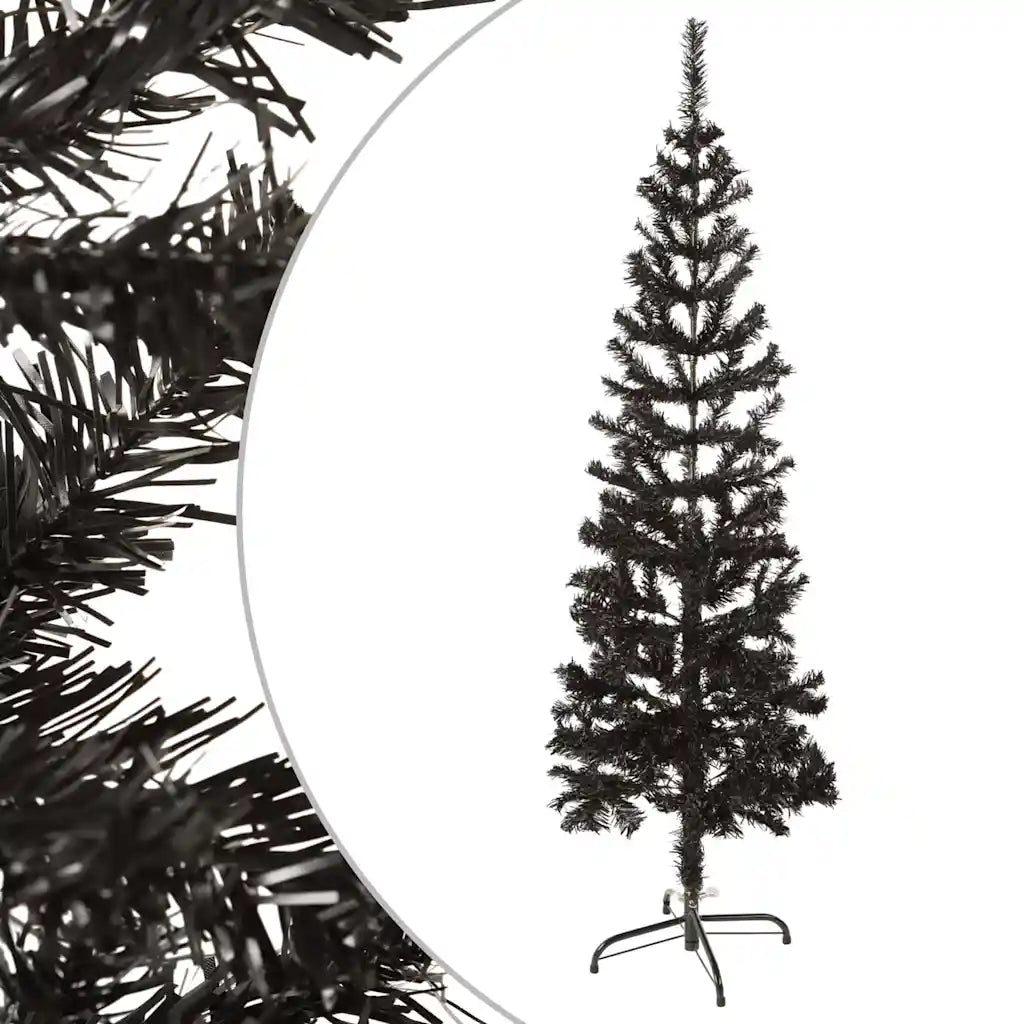 Albero di Natale sottile nero artificiale con supporto metallico, vista laterale