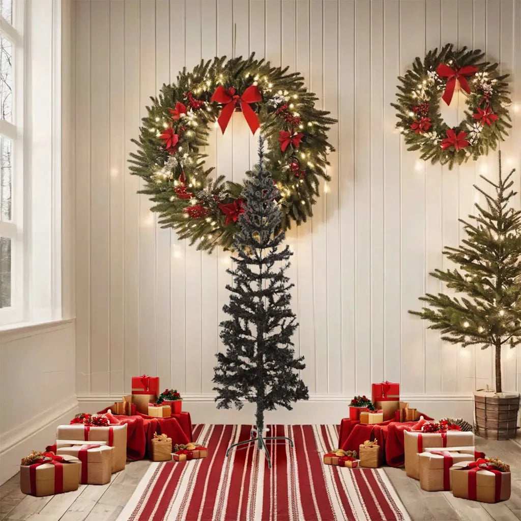 Albero di Natale sottile nero artificiale con supporto metallico e rami folti