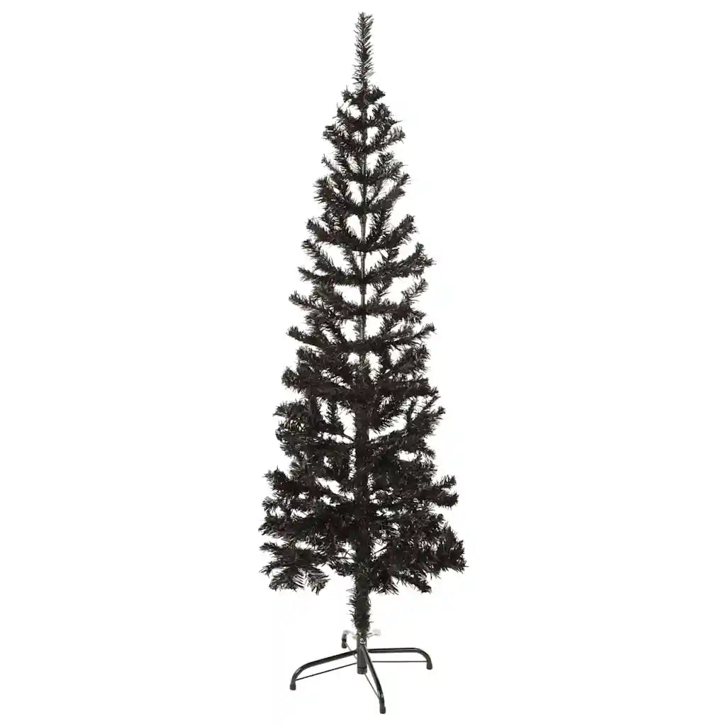 Albero di Natale sottile nero artificiale con supporto metallico, vista frontale