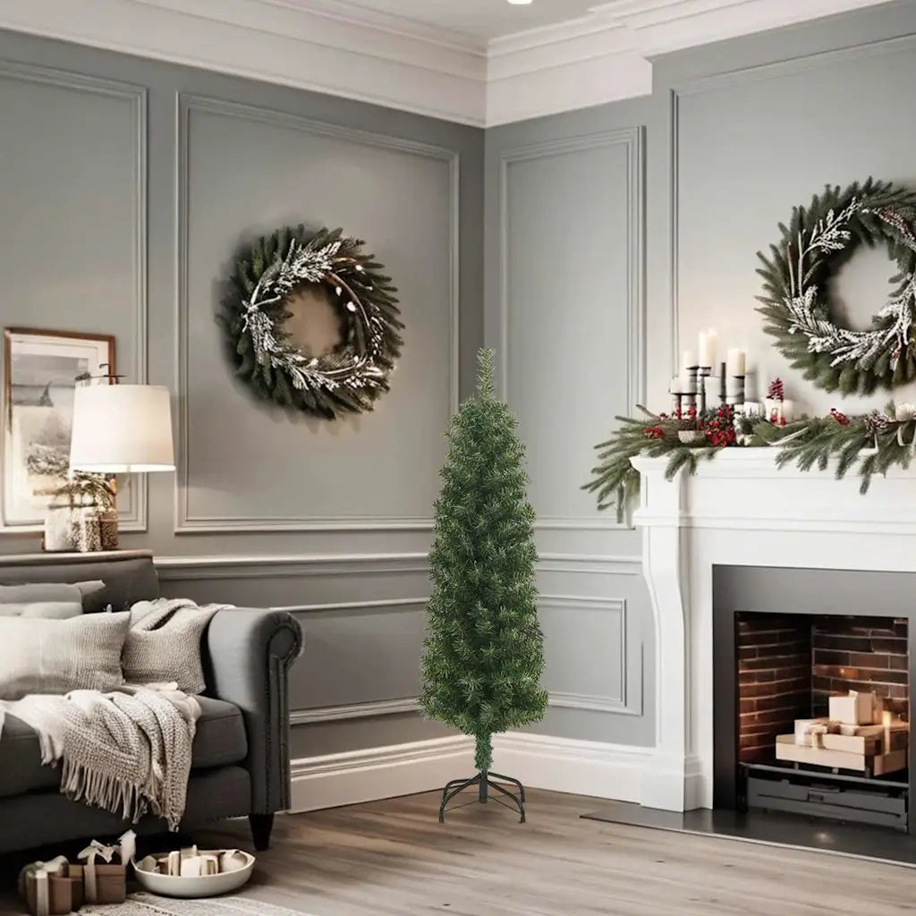 Albero di Natale artificiale verde sottile con base a treppiede in metallo