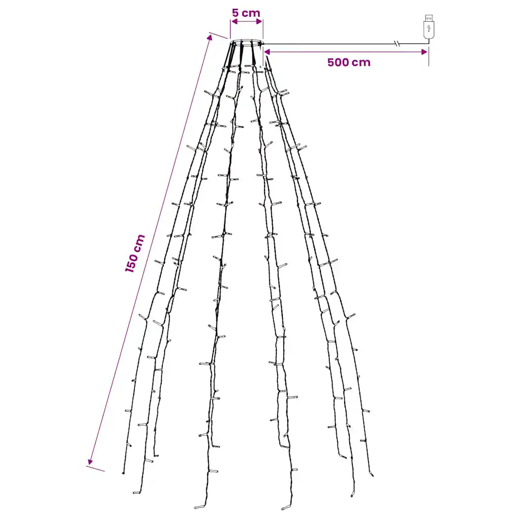 Schema dimensioni rete luminosa per albero: altezza 150 cm, larghezza 500 cm