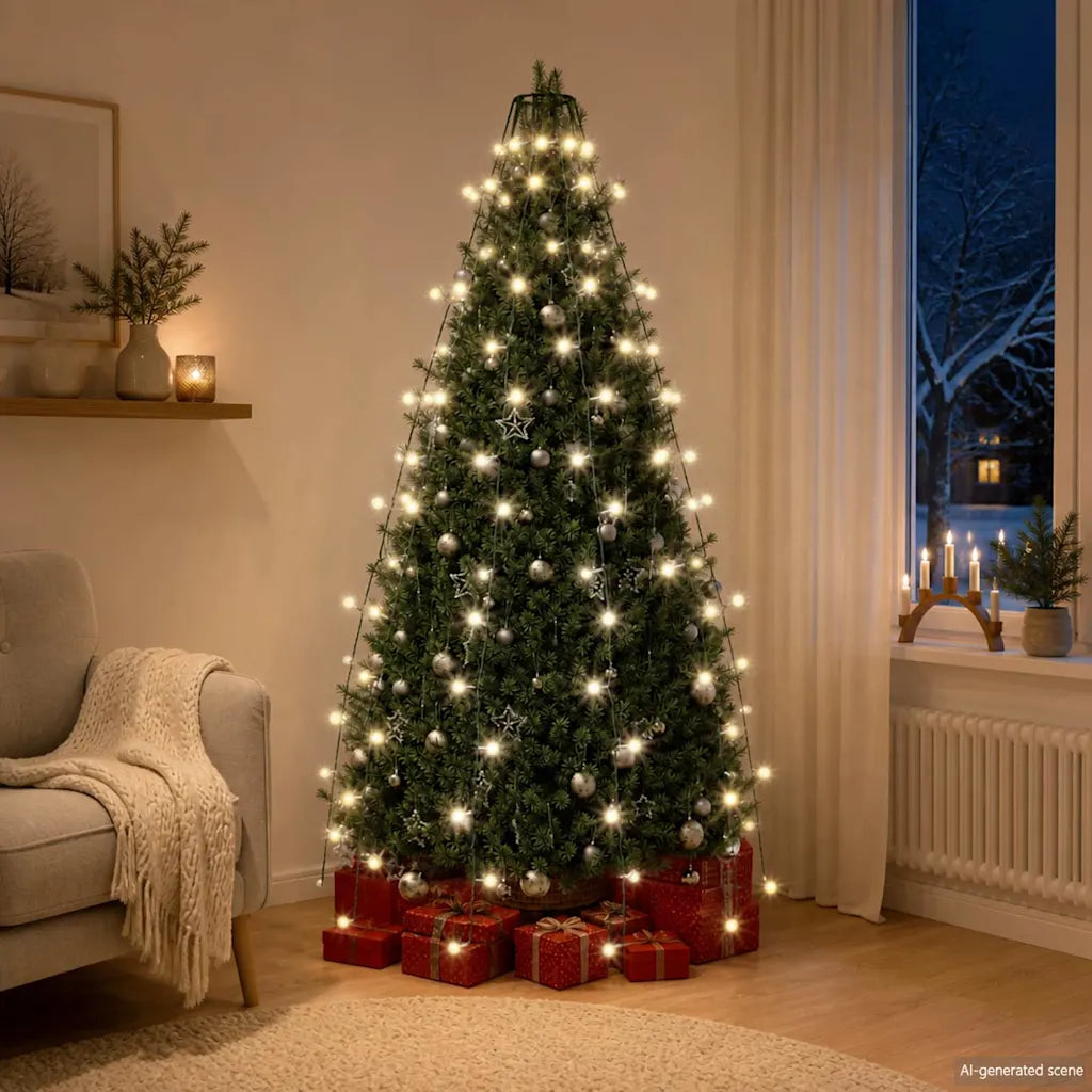 Rete di luci natalizie per albero con 150 LED bianco freddo su albero verde