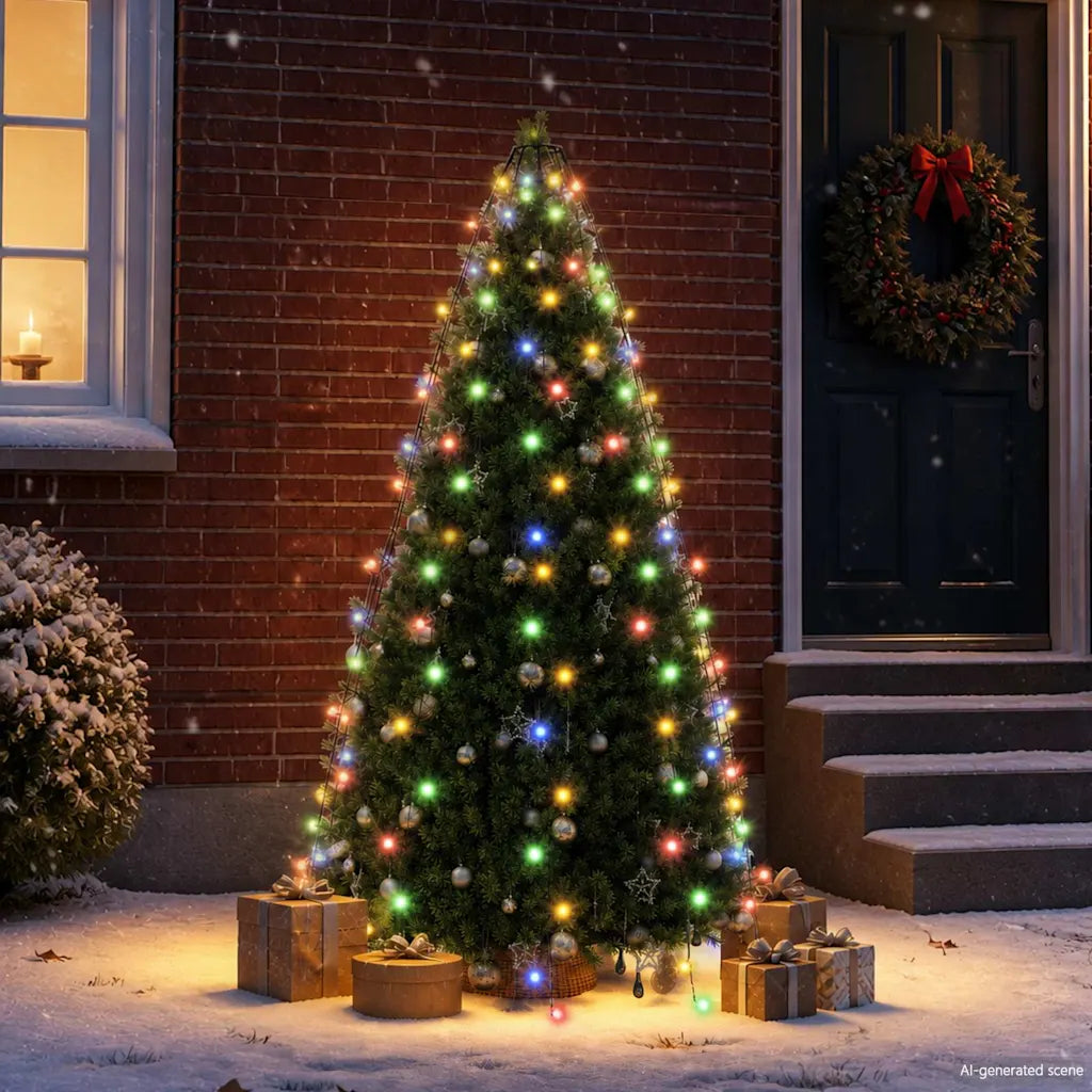 Rete luminosa per albero di Natale con LED multicolore accesi davanti a parete invernale
