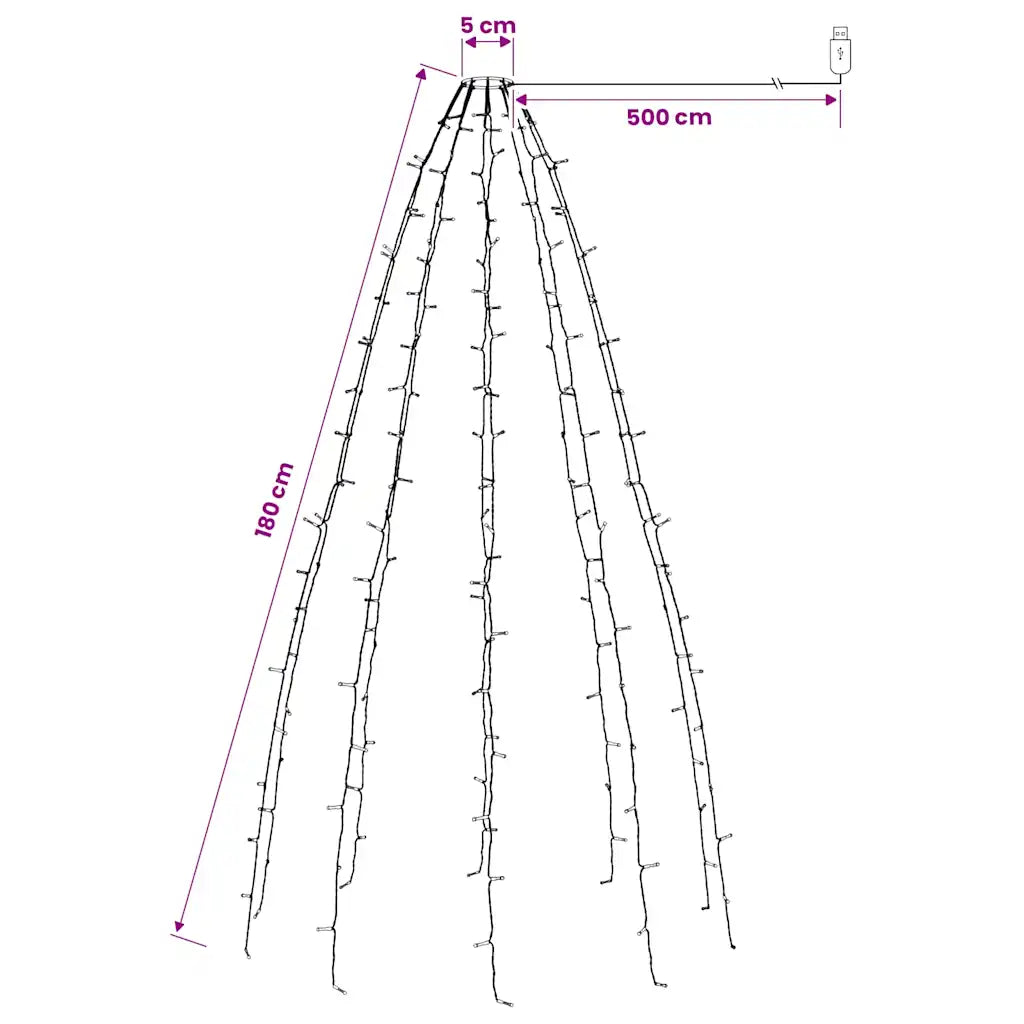 Rete luminosa per albero di Natale, schema misure: 180 cm e larghezza 500 cm