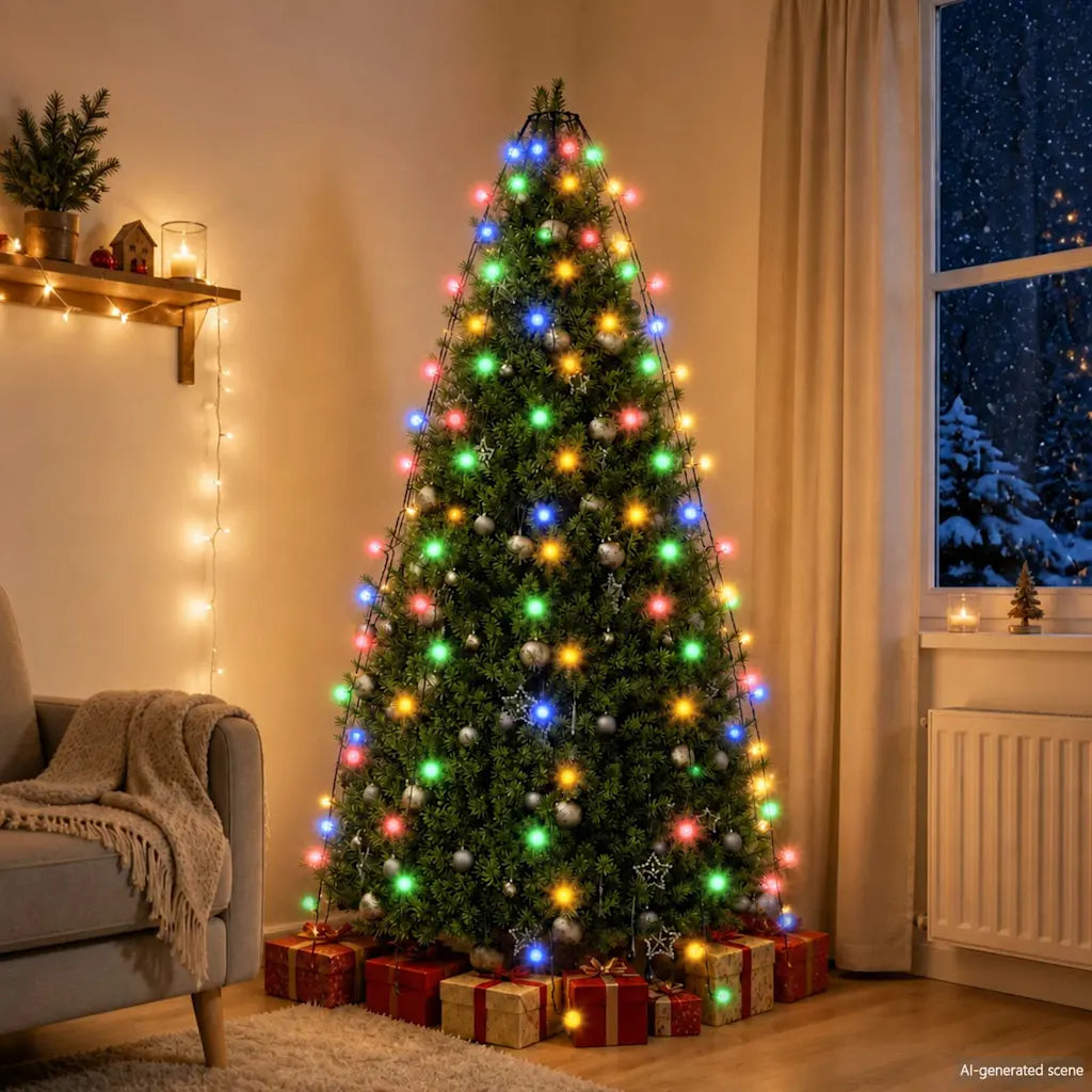 Rete luminosa per albero di Natale con 180 LED multicolore accesi sull’albero