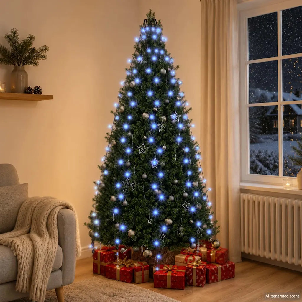 Rete luminosa per albero con LED blu, vista frontale, su albero di Natale