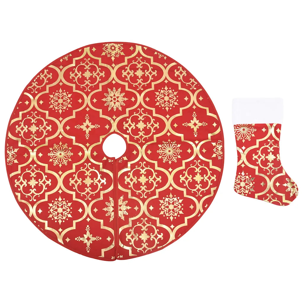 Gonna per albero di Natale rotonda rossa con motivo oro e foro centrale