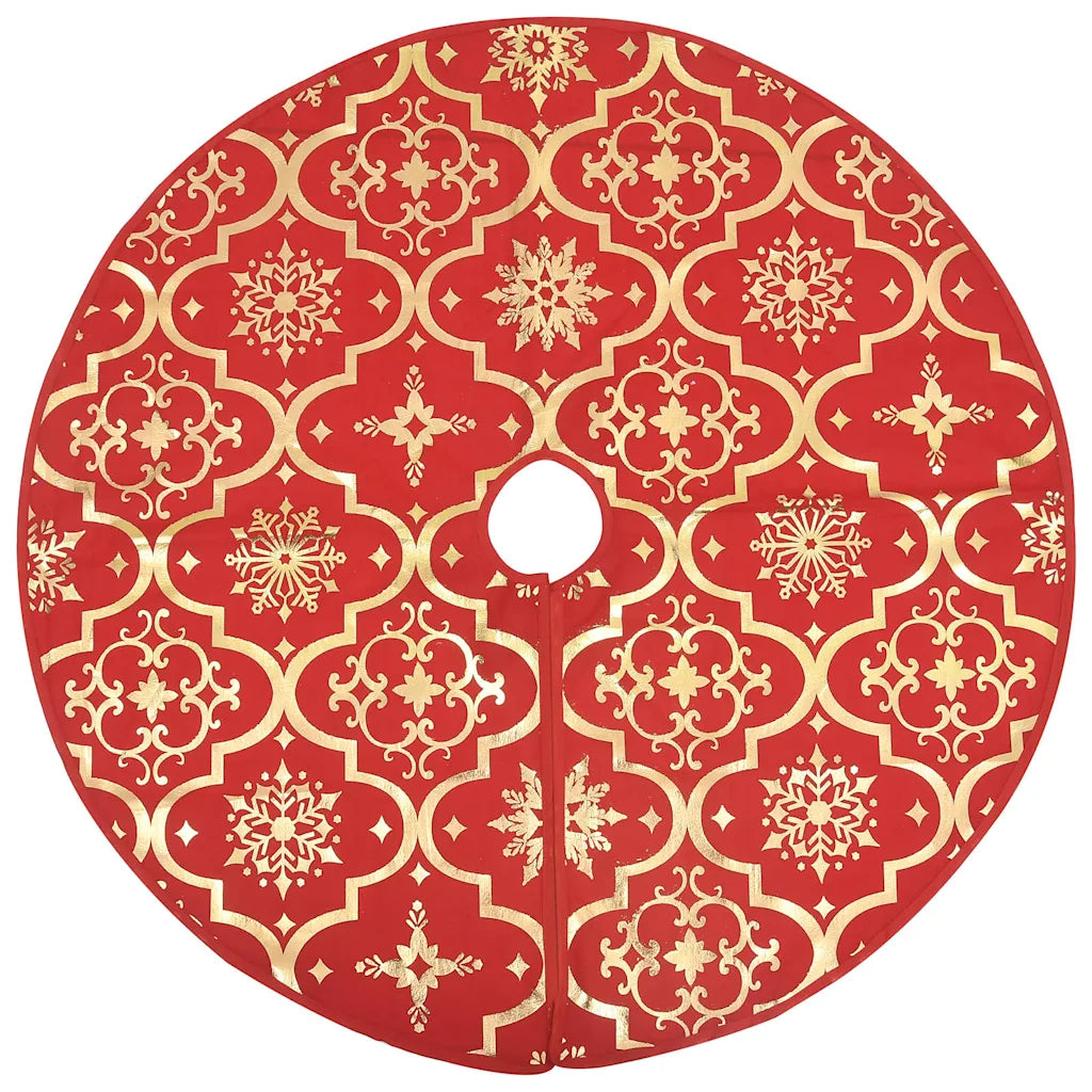Gonna per albero di Natale rotonda rossa con motivo geometrico oro e foro centrale