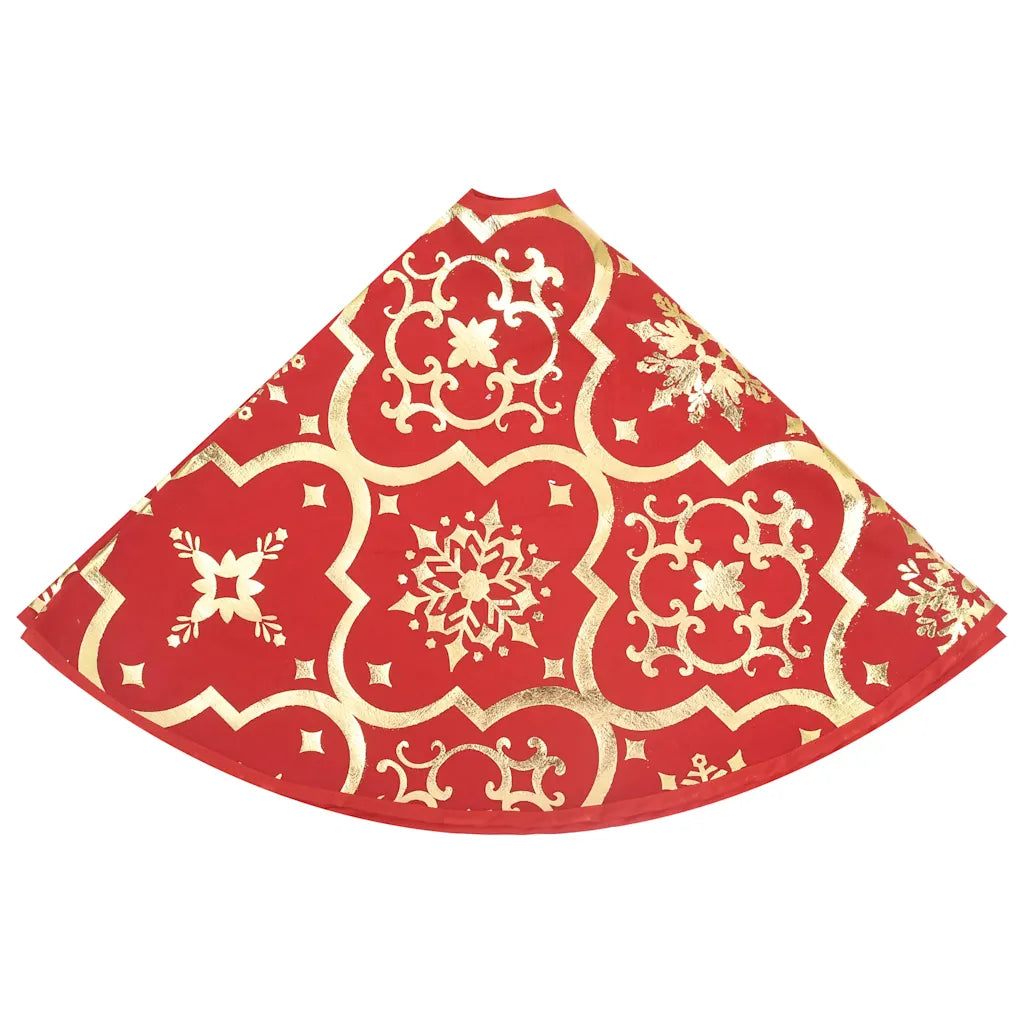 Gonna per albero di Natale rossa con motivo oro a fiocchi e bordo decorato