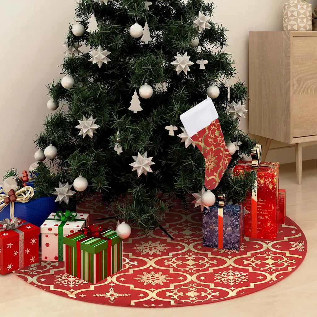 Gonna per albero di Natale rotonda rossa con motivo oro e calza rossa decorativa