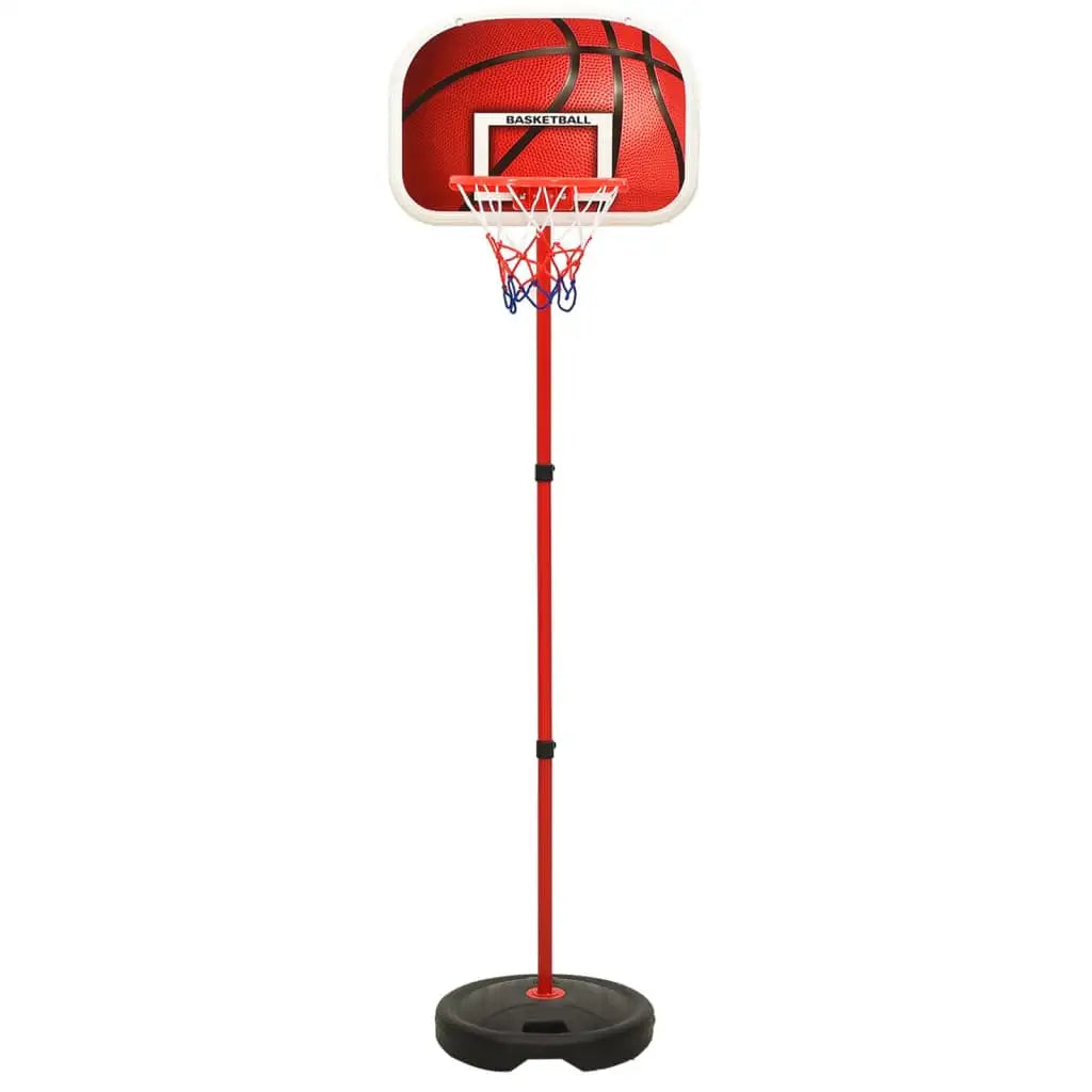 Set da canestro regolabile per bambini: palo rosso con base rotonda e rete bianca/rossa.