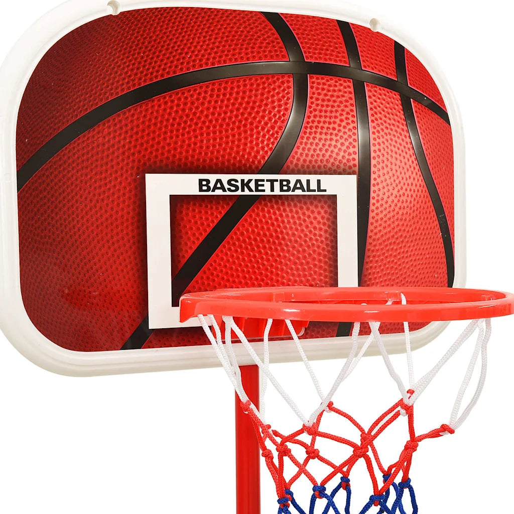 Tabellone e cerchio da basket: tabellone rosso con scritta BASKETBALL e rete rossa/bianca.