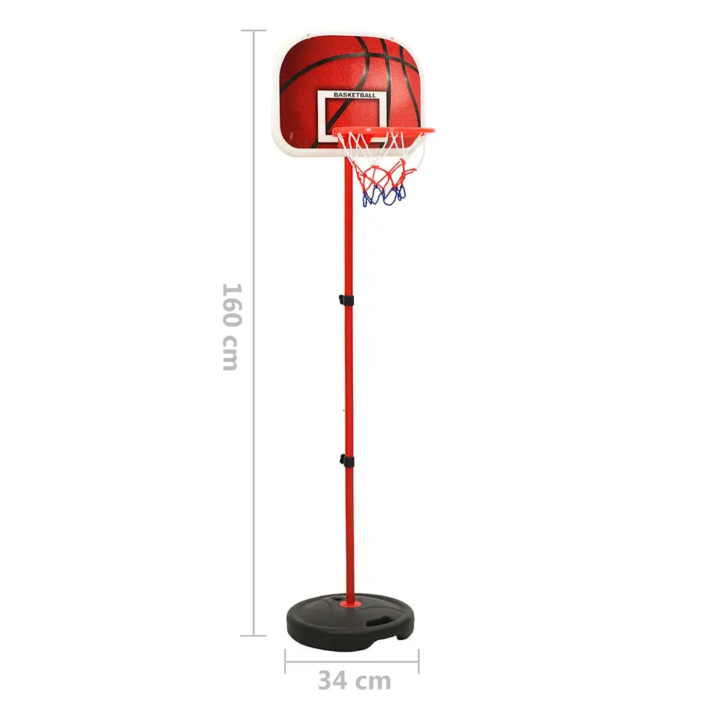Canestro per bambini regolabile 160 cm: palo rosso con base rotonda, dimensioni indicate.
