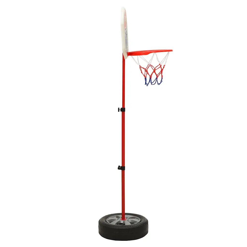 Supporto da basket regolabile per bambini con base tonda nera, asta rossa e rete blu