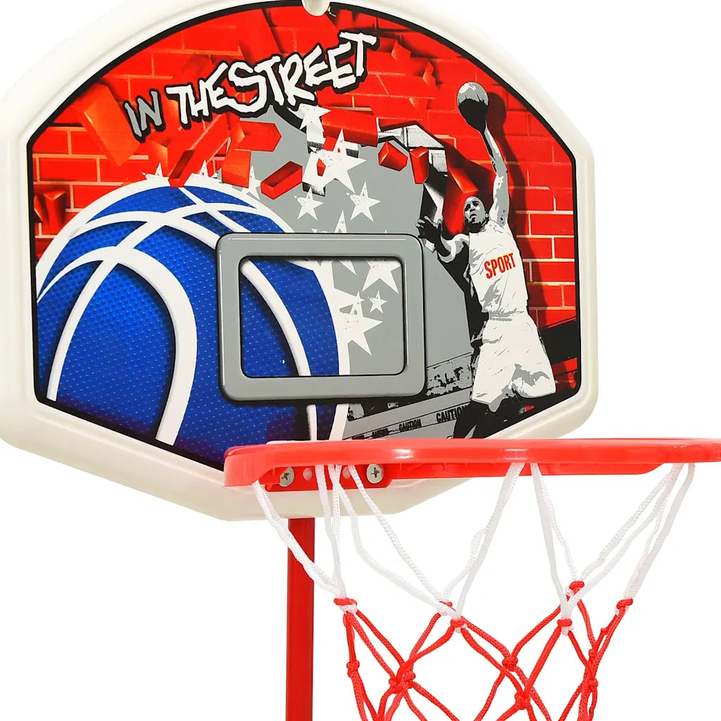Canestro da basket con tabellone grafico e rete bianca, cornice rossa