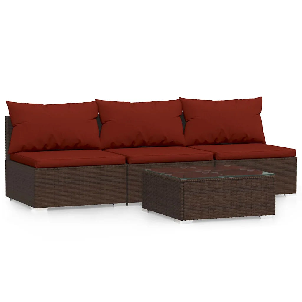Set mobili da giardino in polyrattan marrone con cuscini rossi e tavolino