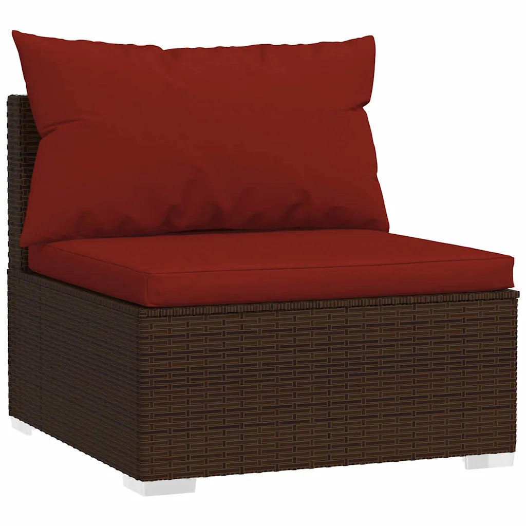 Lettino da giardino in polyrattan marrone con cuscino rosso